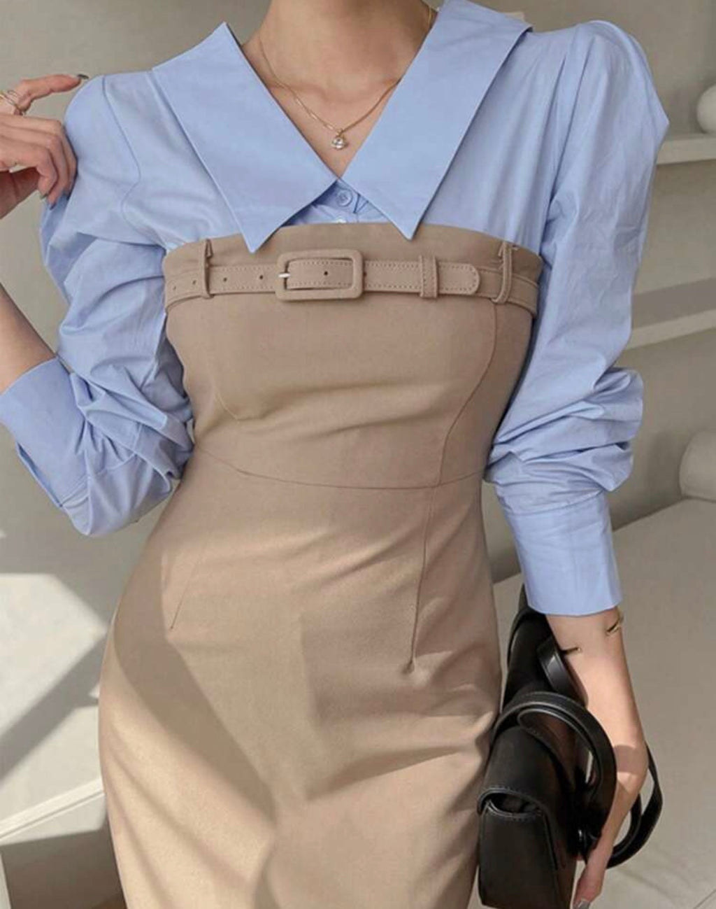Vestido Camisero Bicolor Manga Larga – Cintura Ceñida Otoño