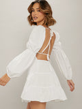 Vestido Blanco con Mangas Farol, Volantes y Sin Espalda