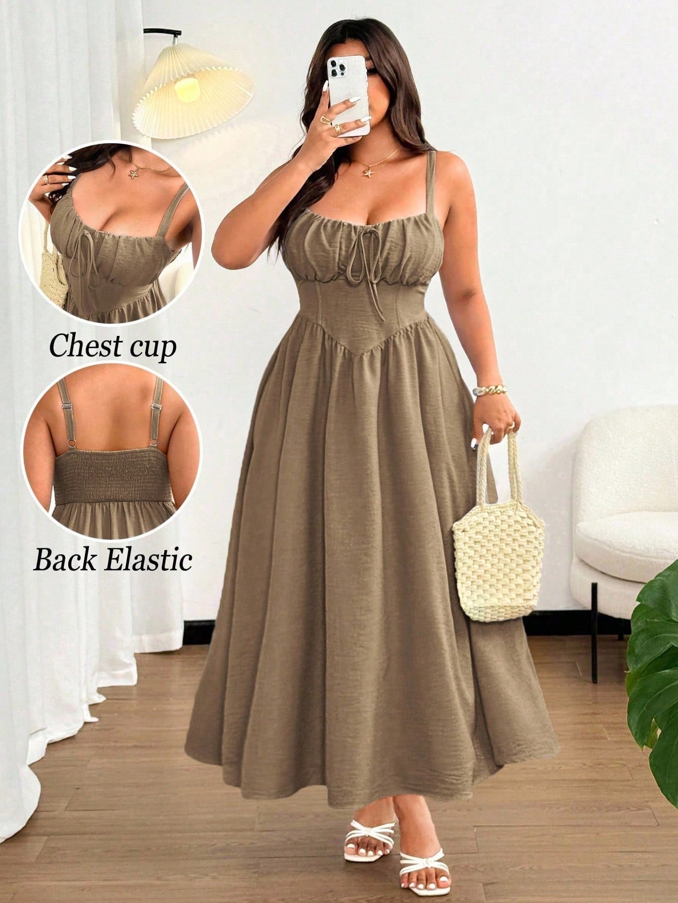 Vestido maxi caqui con lazo delantero - vista completa