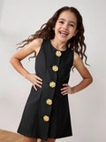 Vestido negro niña con botones dorados de rosa - vista frontal