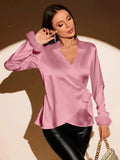 SHEIN Privé Blusa de Satén con Puño de Peluche y Nudo Lateral Cruzado