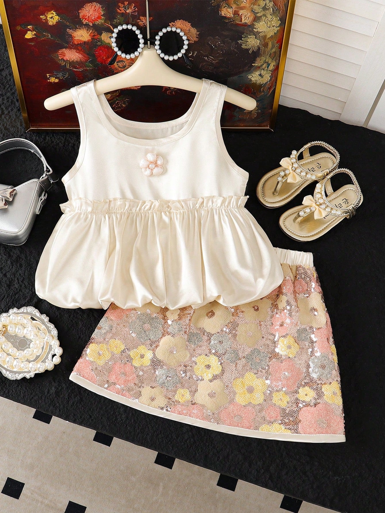 Set 2 piezas blusa crema y falda lentejuelas - vista frontal en percha