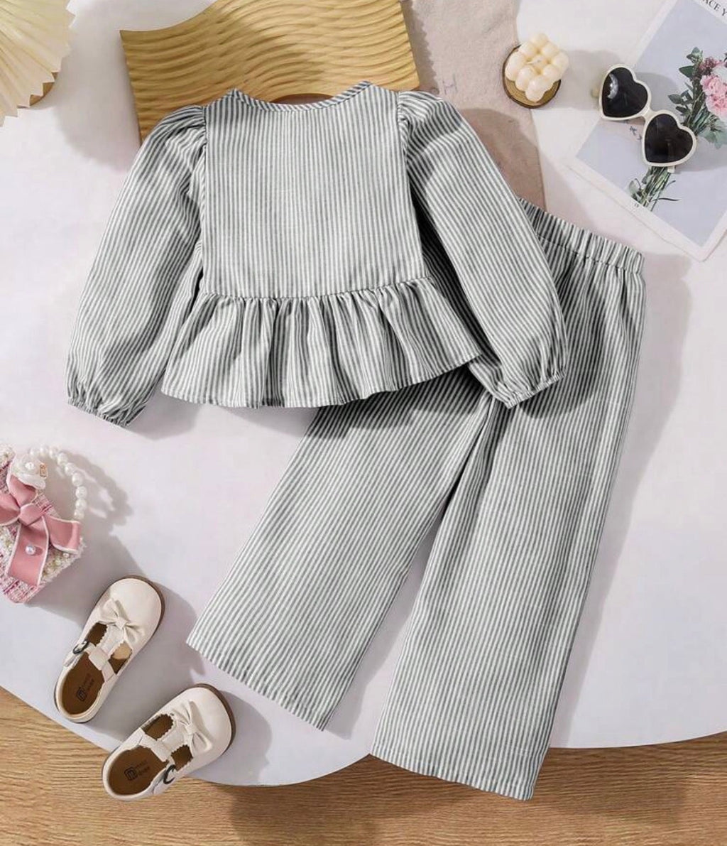Conjunto de 2 piezas rayas - blusa manga abullonada y pantalón pierna ancha