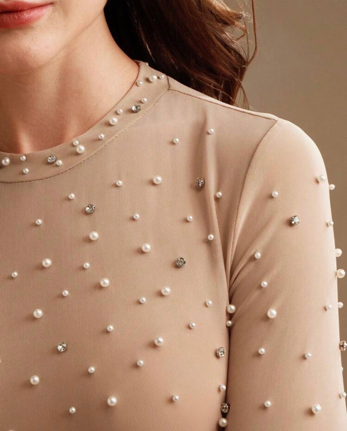 Anewsta | Blusa Elegante Manga Larga Transparente con Perlas | Fiestas y Navidad