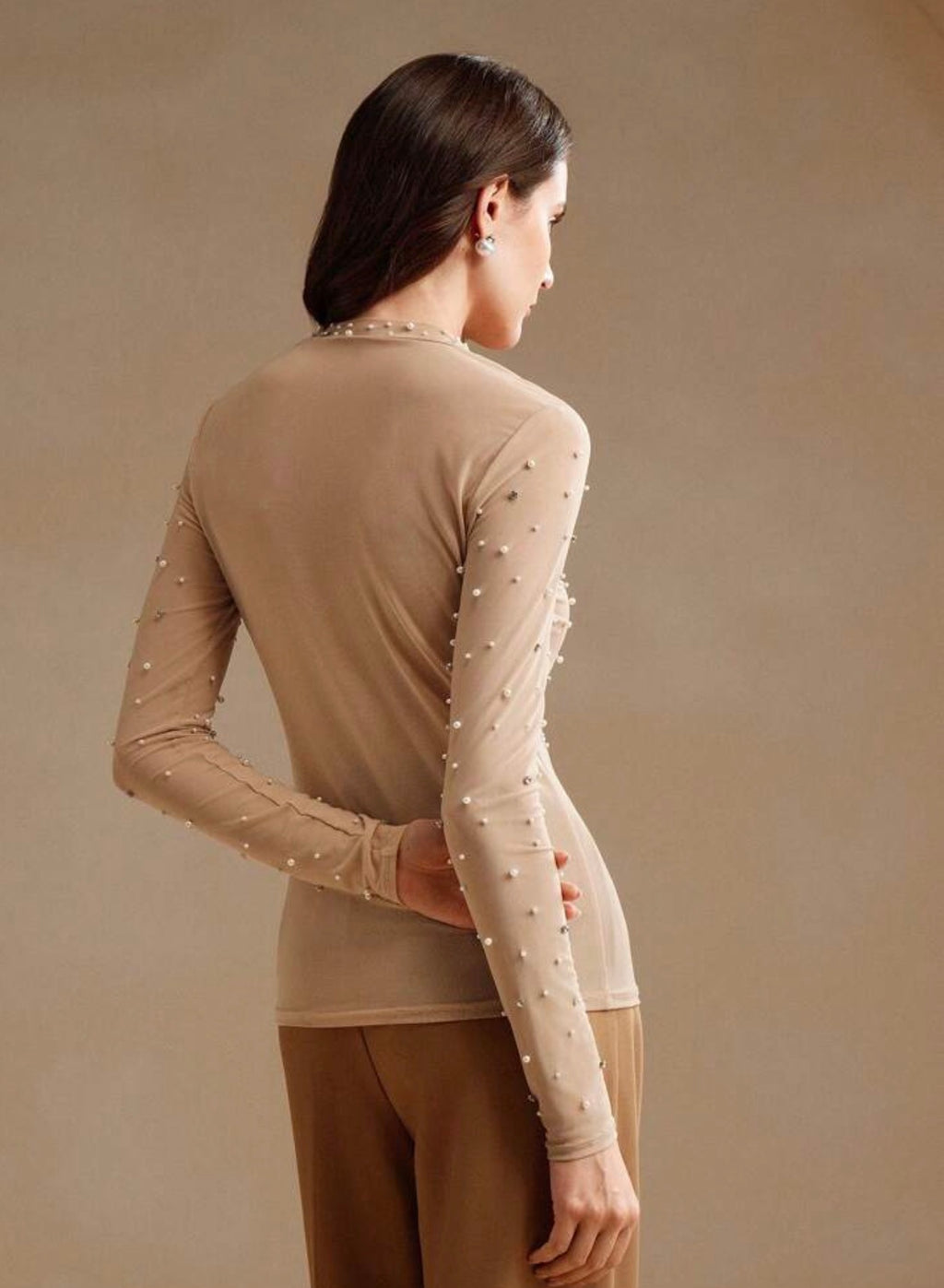 Anewsta | Blusa Elegante Manga Larga Transparente con Perlas | Fiestas y Navidad