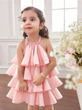 Vestido organza rosa niña - vista frontal puesto