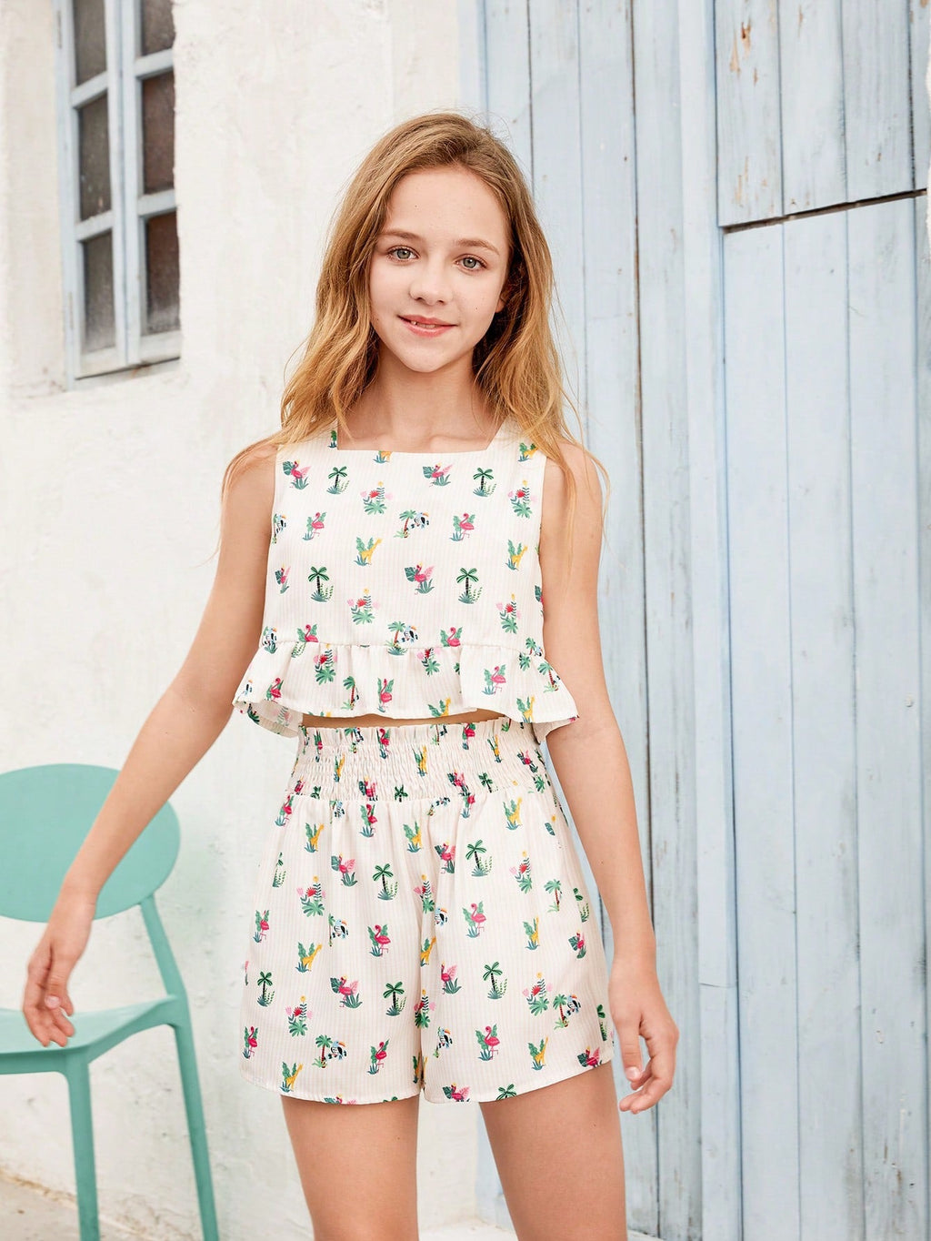 Conjunto dos piezas niña estampado tropical flamencos vista frontal