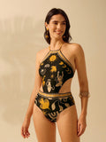 Traje de baño negro halter estampado celestial vista frontal