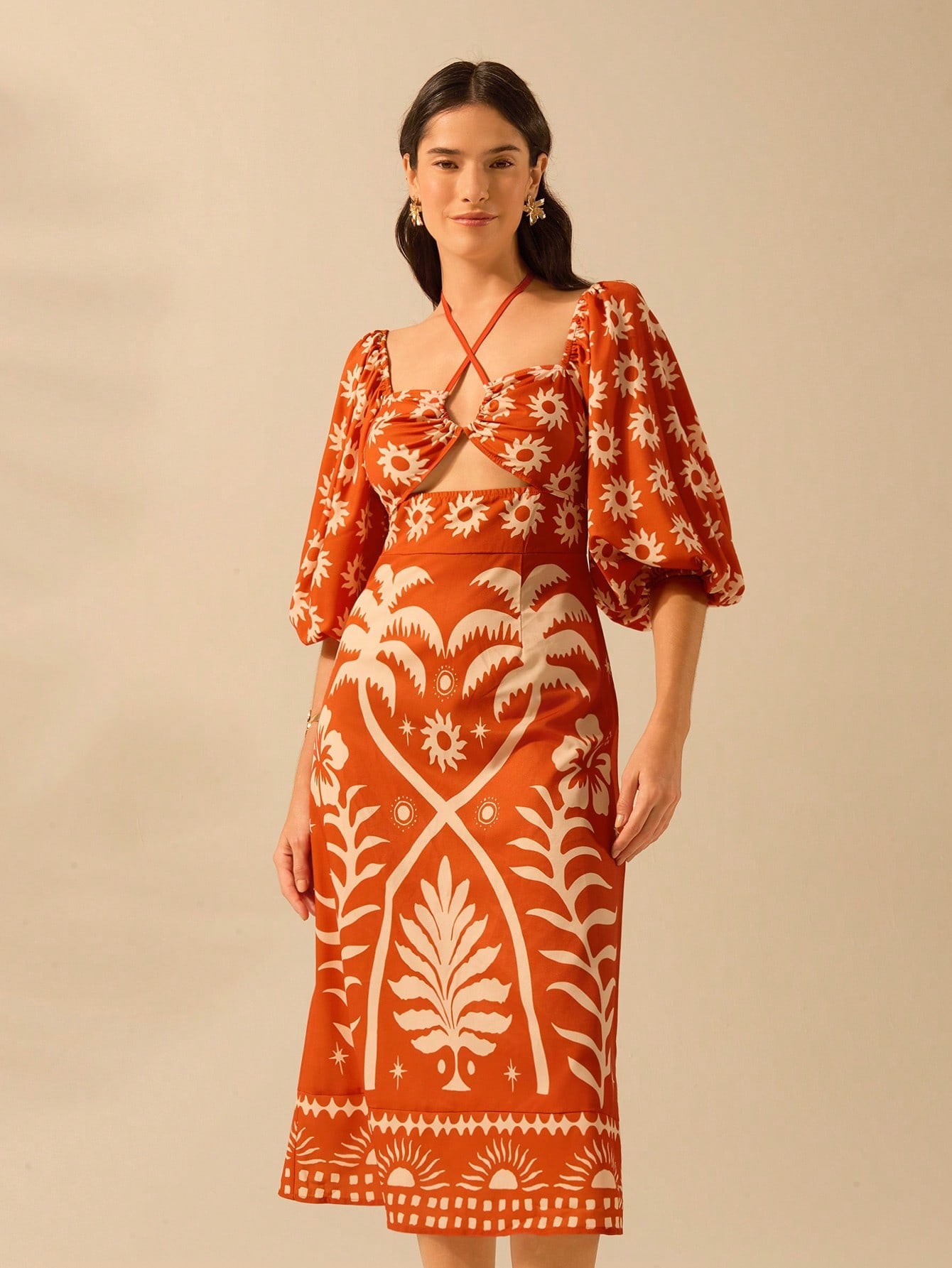 CAJUNI Vestido Midi Boho Tropical | Estampado Flores y Coco, Mangas Abultadas
