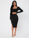 SHEIN PETITE Set Canalé Negro - Vista frontal completa