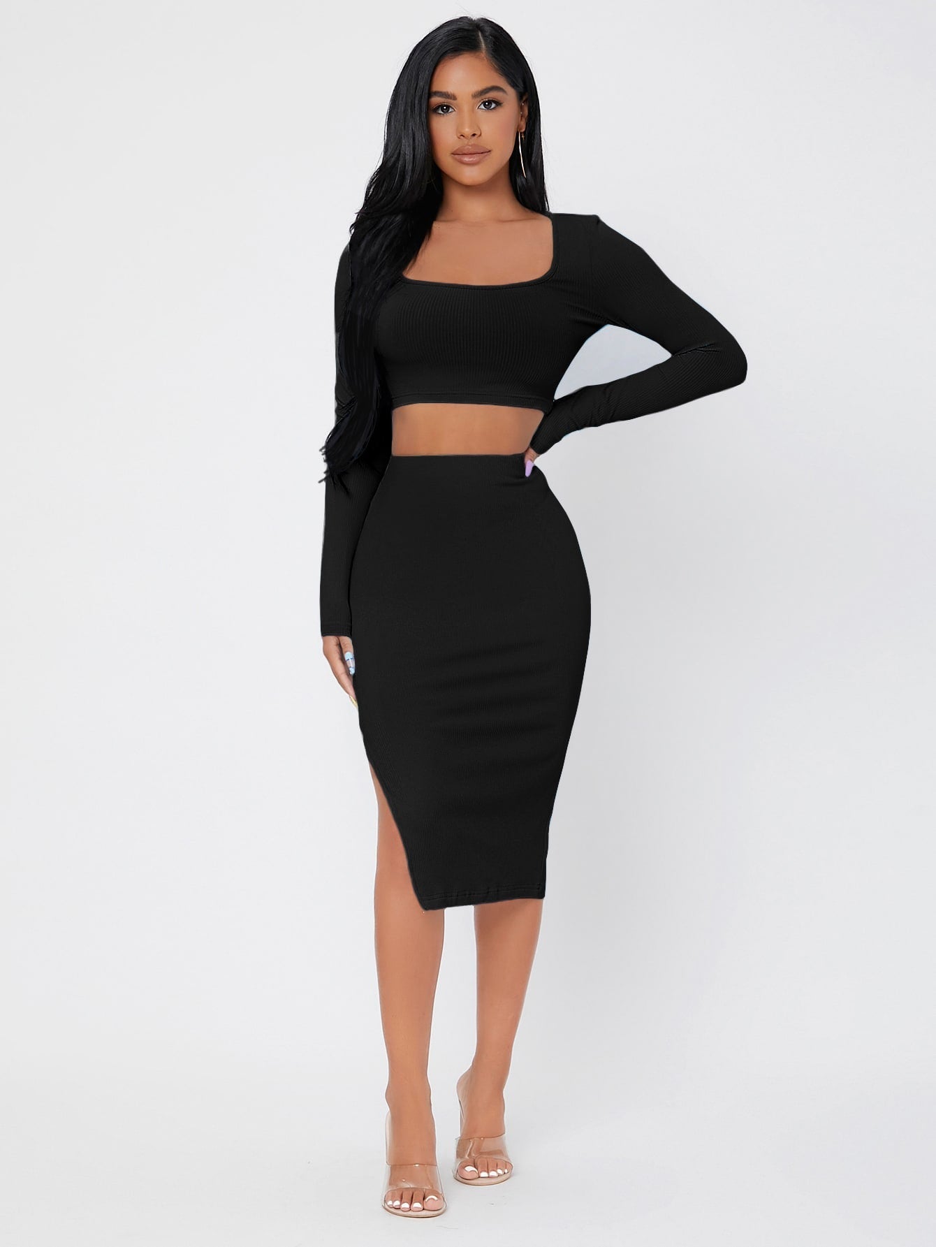 SHEIN PETITE Set Canalé Negro - Vista frontal completa